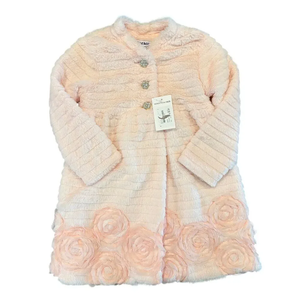 NWT Blueberi Boulevard Girls Pink Faux Fur Coat Size 5 Rosette Jacket